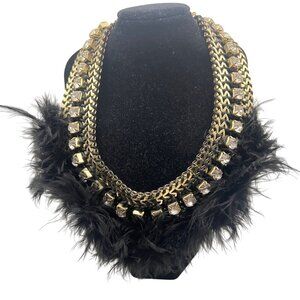 Black Feather Gold Chain Necklace Collar Bib Statement Rhinestones Runway Glam